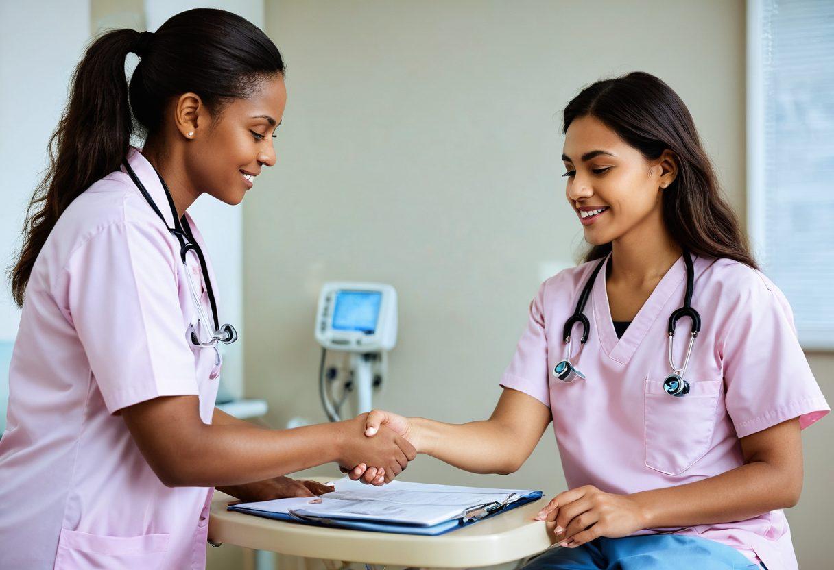 A caring healthcare professional helping a patient in a dialysis center, showcasing a warm and supportive atmosphere. Include visual cues of ethical decision-making, such as a comforting hand on the patient's shoulder and a clipboard with health care options. The background should feature friendly staff and advanced medical equipment, symbolizing empowerment and care. Soft lighting and pastel colors to evoke a sense of tranquility. super-realistic. vibrant colors. warm tones.