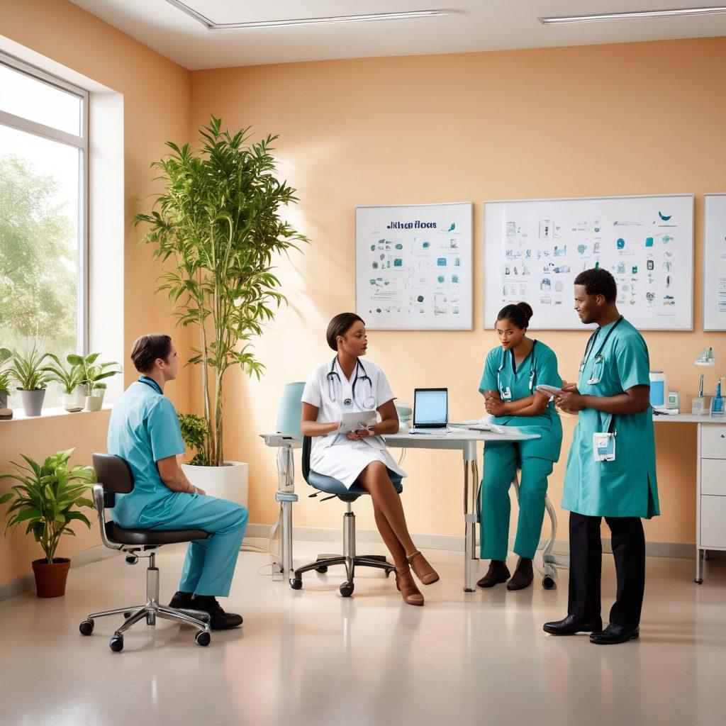 A serene scene depicting a diverse group of healthcare professionals engaging warmly with patients in a bright clinic. The image should feature kidney health awareness posters in the background, alongside plants and soothing elements that signify care and compassion. Emphasize a blend of medical instruments and organic touch, representing the balance between technology and humanity. The atmosphere should radiate empathy and trust. super-realistic. warm tones. light background.